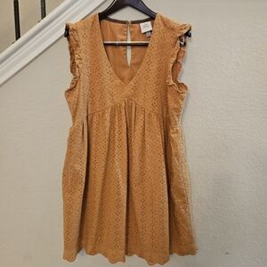 Knox Rose Sahara Gold Women's Ruffle Short Sleeve Eyelet A-Line size Large Dress